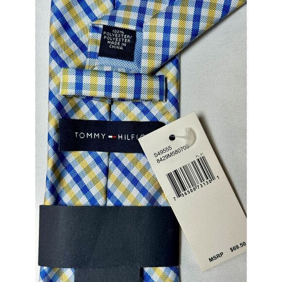 Tommy Hilfiger Men's Polyester Tie ~ Yellow & Blue Plaid Check New Tags Flaw NWT - Picture 5 of 7